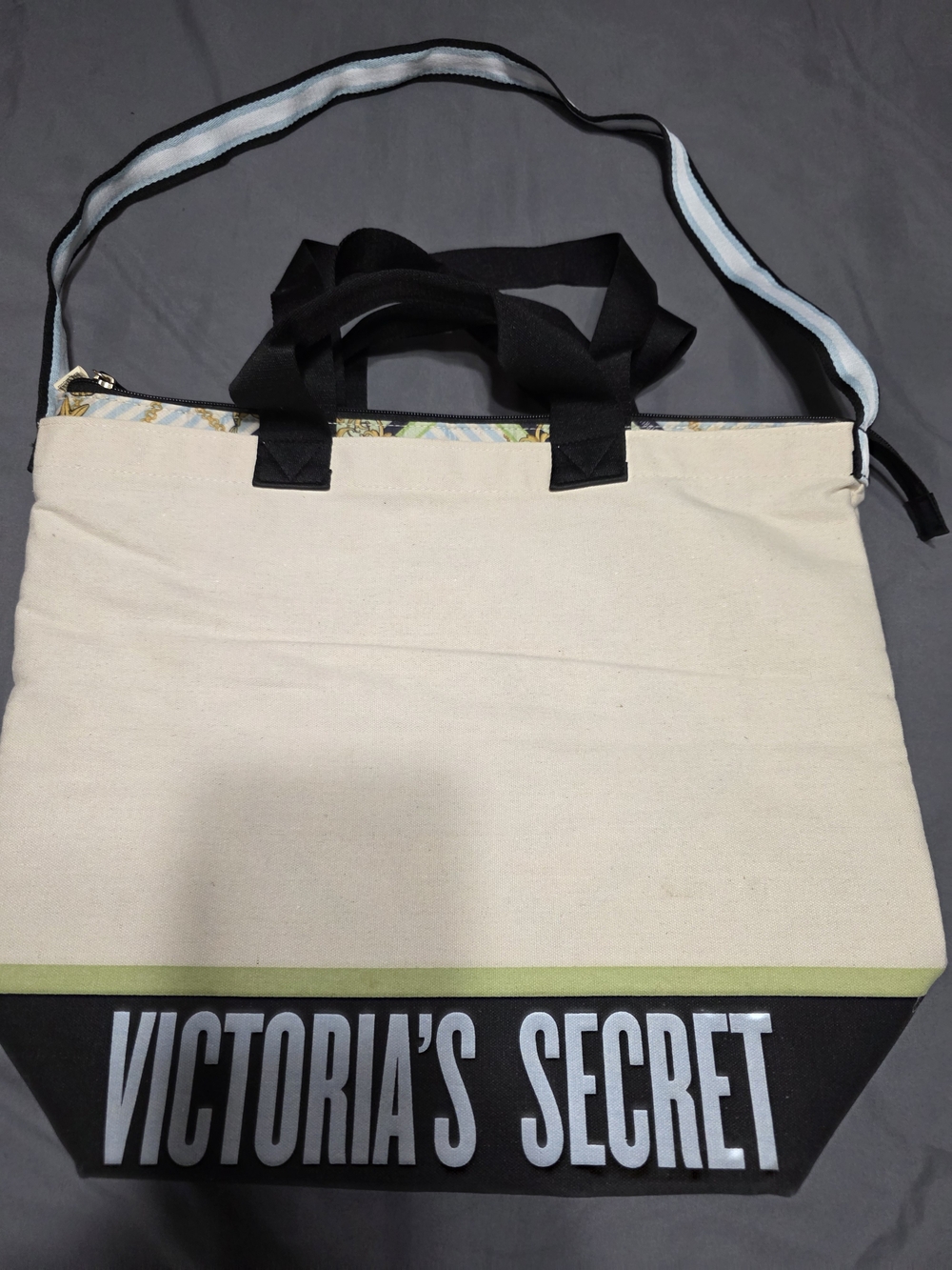 Victoria's Secret Cream and Black Canvas Tote with Light Green Trim